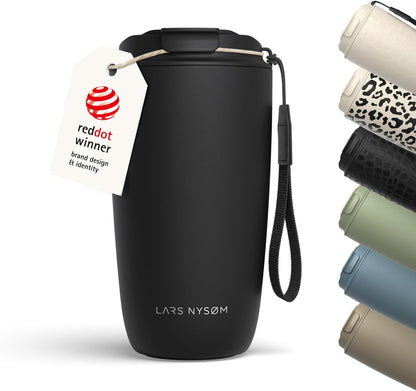 LARS NYSØM Thermo Coffee Mug-to-go with Strap 17oz | Travel Mug with Insulation | Leak Proof Stainless Steel Thermal Tumbler with Pattern Design for Coffee and Tea to Go (Beige/Leopard/Beige, 17oz)