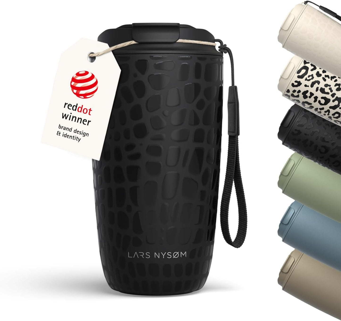 LARS NYSØM Thermo Coffee Mug-to-go with Strap 17oz | Travel Mug with Insulation | Leak Proof Stainless Steel Thermal Tumbler with Pattern Design for Coffee and Tea to Go (Beige/Leopard/Beige, 17oz)