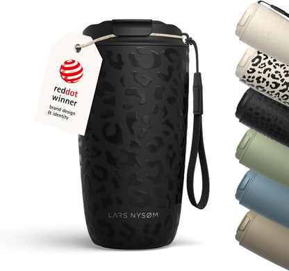 LARS NYSØM Thermo Coffee Mug-to-go with Strap 17oz | Travel Mug with Insulation | Leak Proof Stainless Steel Thermal Tumbler with Pattern Design for Coffee and Tea to Go (Beige/Leopard/Beige, 17oz)
