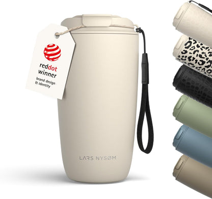 LARS NYSØM Thermo Coffee Mug-to-go with Strap 17oz | Travel Mug with Insulation | Leak Proof Stainless Steel Thermal Tumbler with Pattern Design for Coffee and Tea to Go (Beige/Leopard/Beige, 17oz)