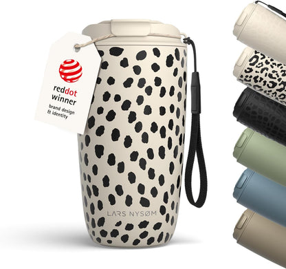 LARS NYSØM Thermo Coffee Mug-to-go with Strap 17oz | Travel Mug with Insulation | Leak Proof Stainless Steel Thermal Tumbler with Pattern Design for Coffee and Tea to Go (Beige/Leopard/Beige, 17oz)