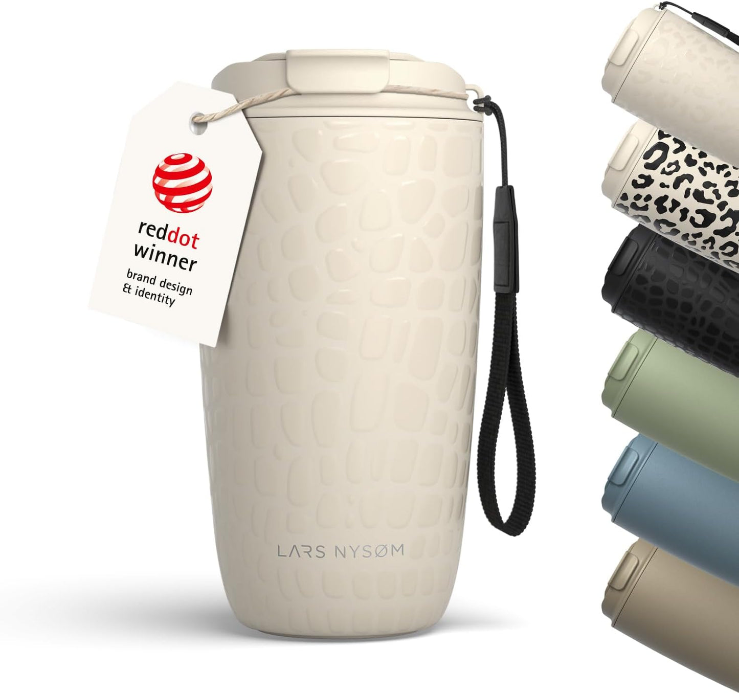 LARS NYSØM Thermo Coffee Mug-to-go with Strap 17oz | Travel Mug with Insulation | Leak Proof Stainless Steel Thermal Tumbler with Pattern Design for Coffee and Tea to Go (Beige/Leopard/Beige, 17oz)