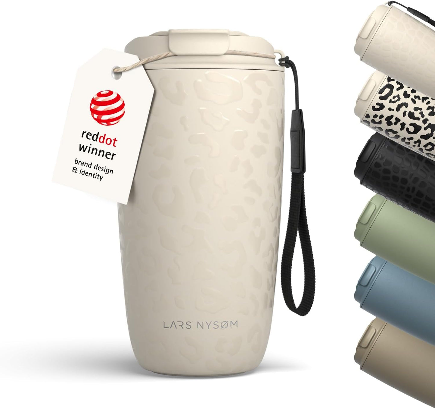 LARS NYSØM Thermo Coffee Mug-to-go with Strap 17oz | Travel Mug with Insulation | Leak Proof Stainless Steel Thermal Tumbler with Pattern Design for Coffee and Tea to Go (Beige/Leopard/Beige, 17oz)