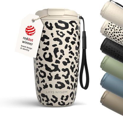 LARS NYSØM Thermo Coffee Mug-to-go with Strap 17oz | Travel Mug with Insulation | Leak Proof Stainless Steel Thermal Tumbler with Pattern Design for Coffee and Tea to Go (Beige/Leopard/Beige, 17oz)