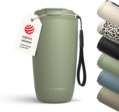 LARS NYSØM Thermo Coffee Mug-to-go with Strap 17oz | Travel Mug with Insulation | Leak Proof Stainless Steel Thermal Tumbler with Pattern Design for Coffee and Tea to Go (Beige/Leopard/Beige, 17oz)