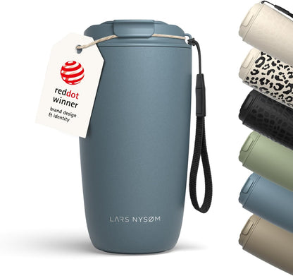LARS NYSØM Thermo Coffee Mug-to-go with Strap 17oz | Travel Mug with Insulation | Leak Proof Stainless Steel Thermal Tumbler with Pattern Design for Coffee and Tea to Go (Beige/Leopard/Beige, 17oz)