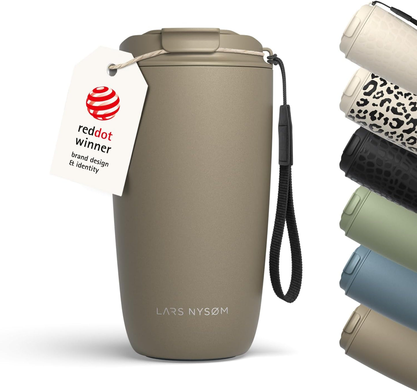 LARS NYSØM Thermo Coffee Mug-to-go with Strap 17oz | Travel Mug with Insulation | Leak Proof Stainless Steel Thermal Tumbler with Pattern Design for Coffee and Tea to Go (Beige/Leopard/Beige, 17oz)