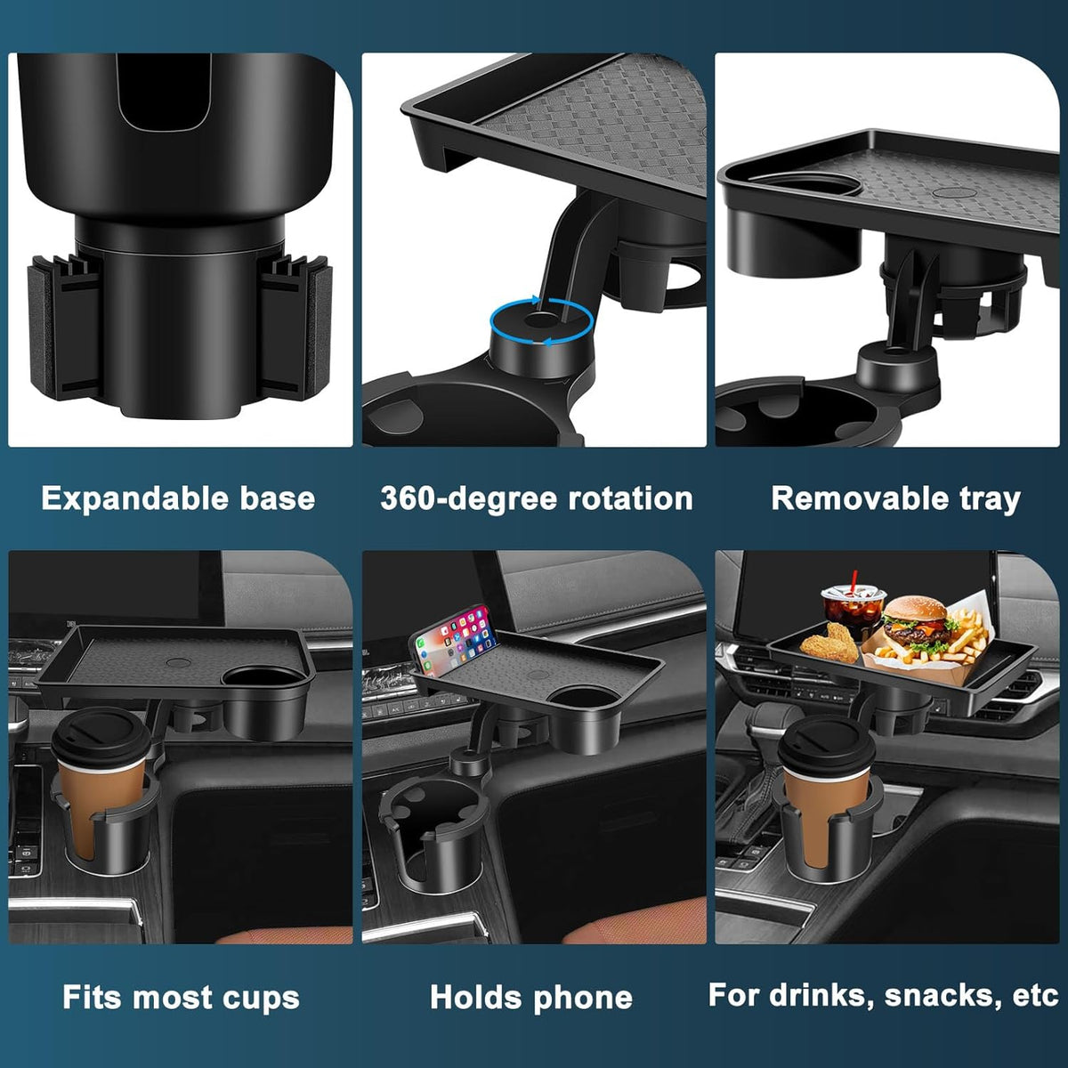 Car Cup Holder Tray, Cup Holder Expander, 2 in 1 Detachable Car Food Tray with 360°Rotation Tray for Eating, Storage and Travel Road Essentials, Black