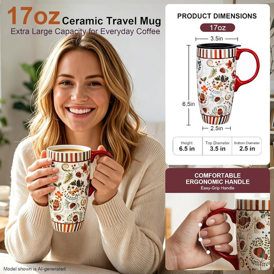 17oz Ceramic Travel Mug with Lid & Handle, Ceramic Coffee Mug