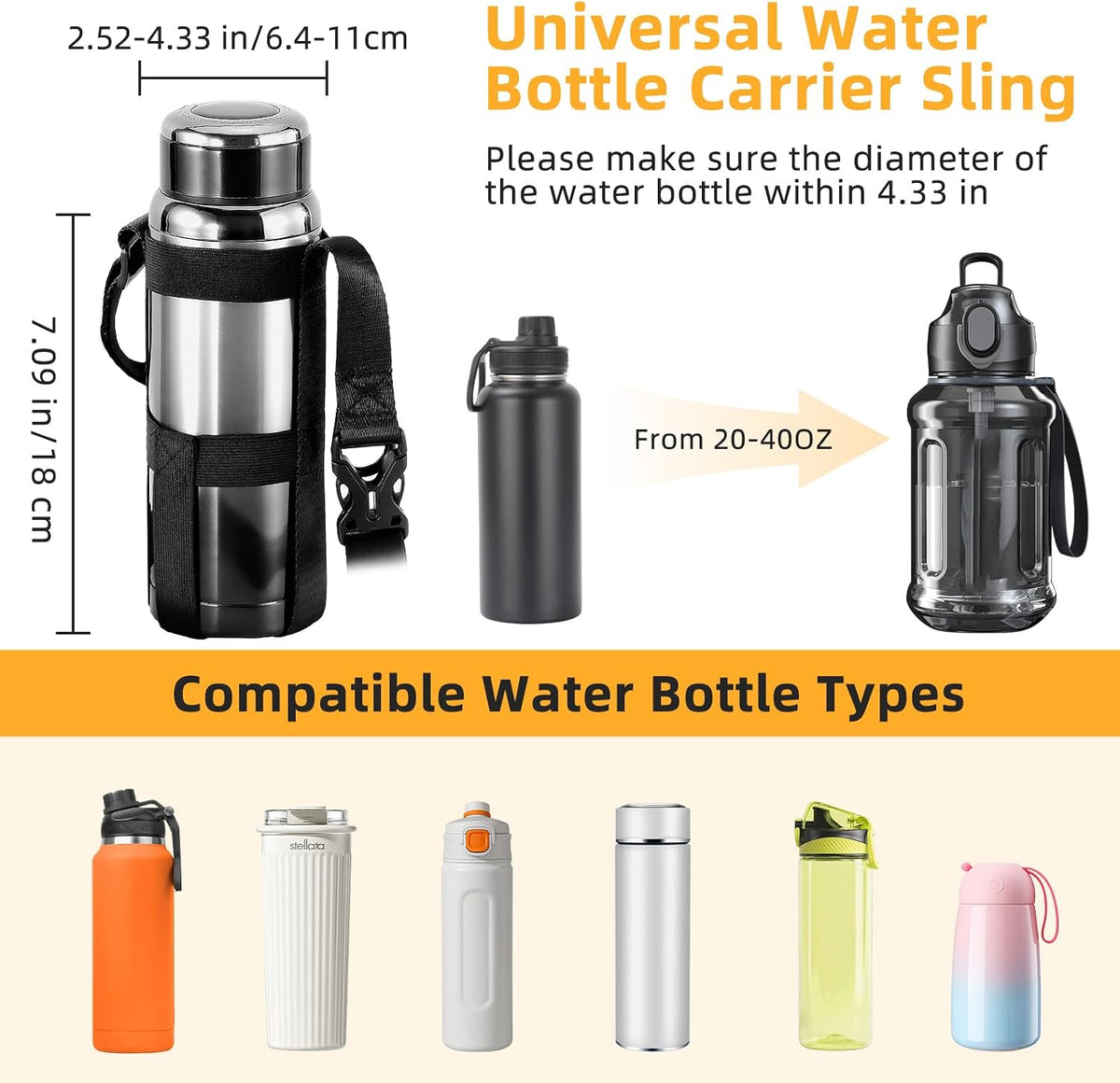 Water Bottle Holder With Strap, 2 Pack, 20-40 oz, Black+Black - Colors B