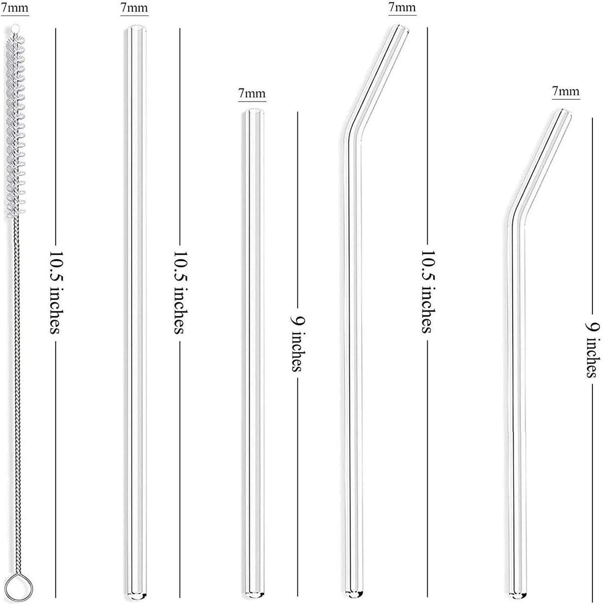 8-Pack 7mm Slim Glass Straws, Reusable Clear Skinny Drinking Straws for 20 oz 30 oz RTIC/YETI Tumblers, Tervis, Mason Jars with 2 Cleaning Brush