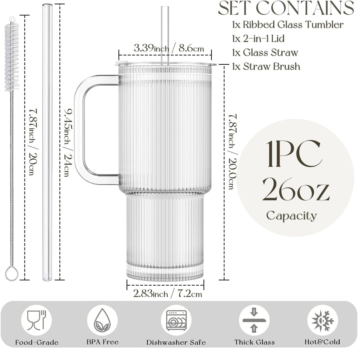 Large 26oz Clear Glass Mug with Handle and Sliding Lid – Aesthetic Ribbed Tumbler for Iced Coffee, Smoothies & Hot Drinks – Reusable Travel Cup with Straw, Dishwasher Safe (Ribbed Tumbler)