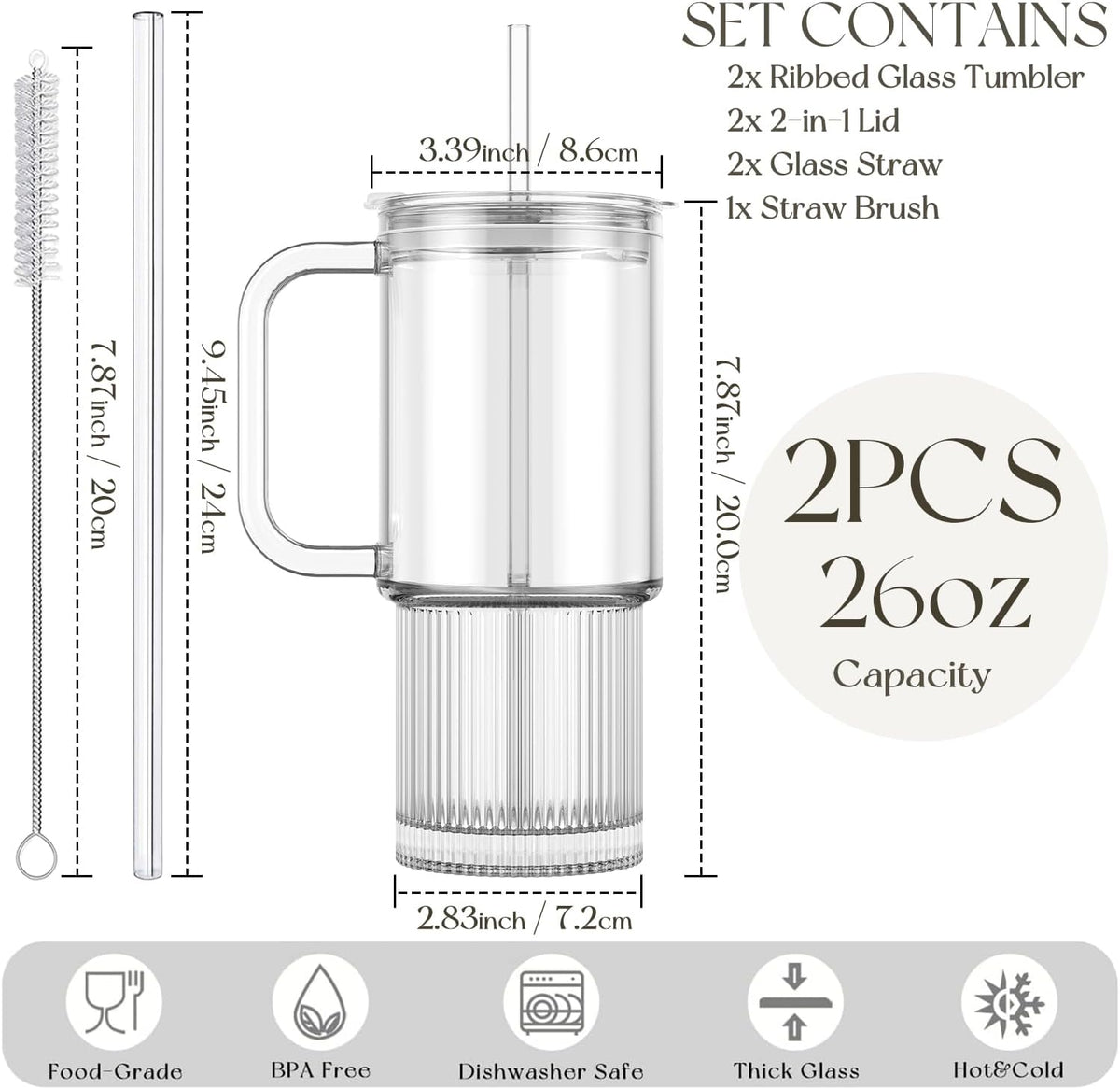 Large 26oz Clear Glass Mug with Handle and Sliding Lid – Aesthetic Ribbed Tumbler for Iced Coffee, Smoothies & Hot Drinks – Reusable Travel Cup with Straw, Dishwasher Safe (Ribbed Tumbler)