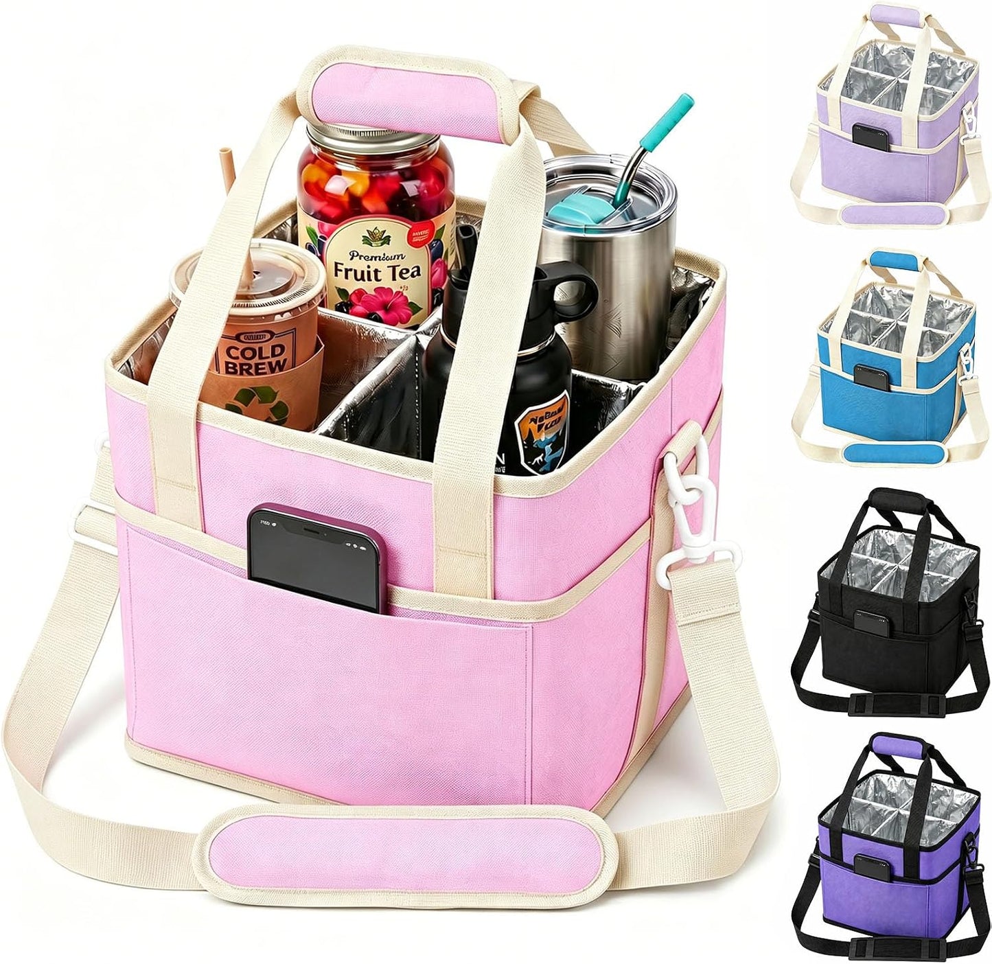 Drink Carrier Tote Bag, Family Size 4 Compartment Drink Bag | Insulated 4 Water Bottle Holder, Adjustable Strap,Multiple Tumbler Carrier Caddy for Car,Delivery,Family Outings Fits Any Cup