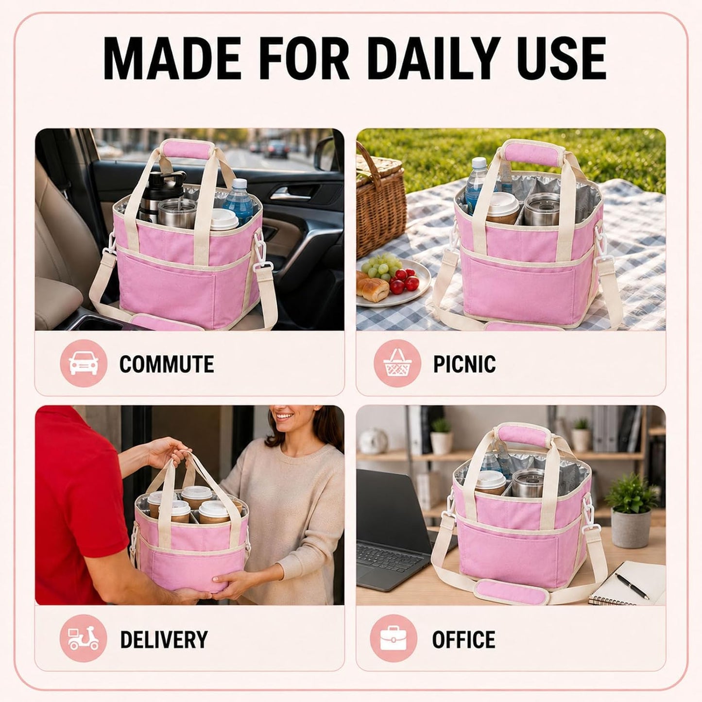 Drink Carrier Tote Bag, Family Size 4 Compartment Drink Bag | Insulated 4 Water Bottle Holder, Adjustable Strap,Multiple Tumbler Carrier Caddy for Car,Delivery,Family Outings Fits Any Cup