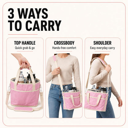 Drink Carrier Tote Bag, Family Size 4 Compartment Drink Bag | Insulated 4 Water Bottle Holder, Adjustable Strap,Multiple Tumbler Carrier Caddy for Car,Delivery,Family Outings Fits Any Cup