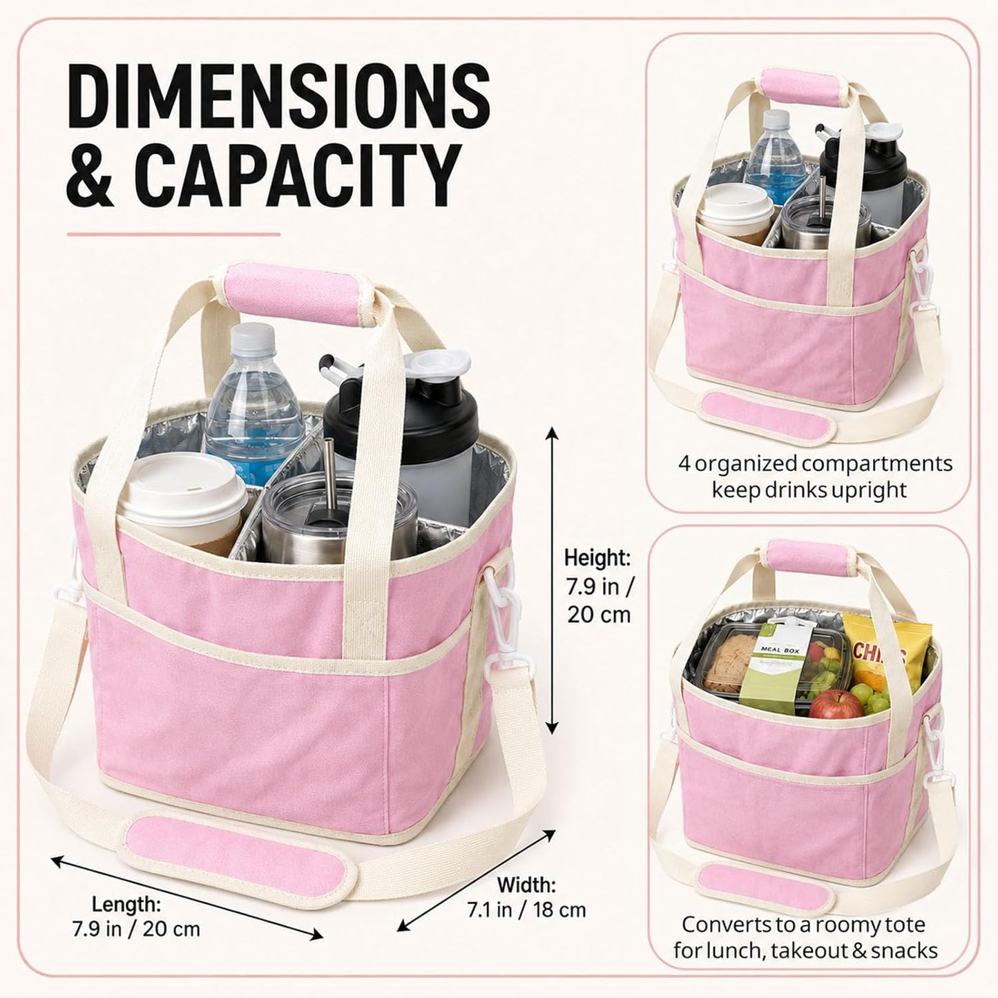 Drink Carrier Tote Bag, Family Size 4 Compartment Drink Bag | Insulated 4 Water Bottle Holder, Adjustable Strap,Multiple Tumbler Carrier Caddy for Car,Delivery,Family Outings Fits Any Cup