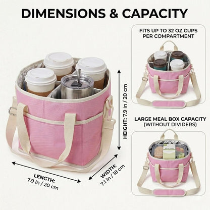 Drink Carrier Tote Bag, Family Size 4 Compartment Drink Bag | Insulated 4 Water Bottle Holder, Adjustable Strap,Multiple Tumbler Carrier Caddy for Car,Delivery,Family Outings Fits Any Cup