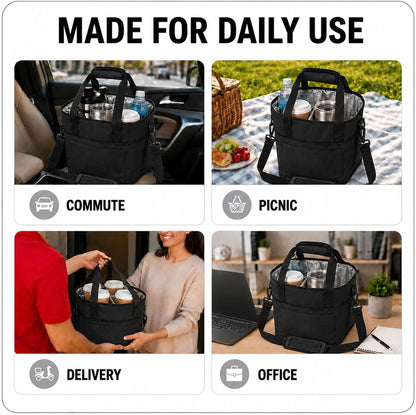 Drink Carrier Tote Bag, Family Size 4 Compartment Drink Bag | Insulated 4 Water Bottle Holder, Adjustable Strap,Multiple Tumbler Carrier Caddy for Car,Delivery,Family Outings Fits Any Cup