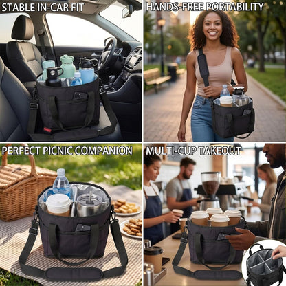 Drink Carrier Tote Bag, Family Size 4 Compartment Drink Bag | Insulated 4 Water Bottle Holder, Adjustable Strap,Multiple Tumbler Carrier Caddy for Car,Delivery,Family Outings Fits Any Cup