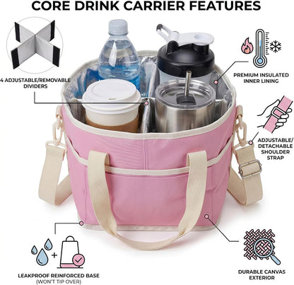 Drink Carrier Tote Bag, Family Size 4 Compartment Drink Bag | Insulated 4 Water Bottle Holder, Adjustable Strap,Multiple Tumbler Carrier Caddy for Car,Delivery,Family Outings Fits Any Cup