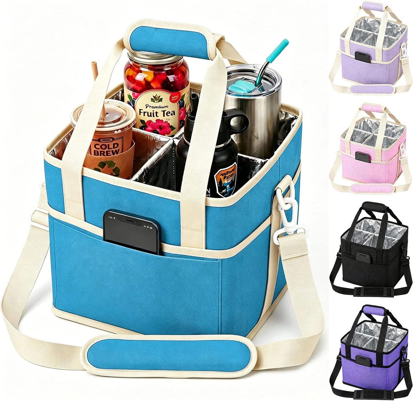 Drink Carrier Tote Bag, Family Size 4 Compartment Drink Bag | Insulated 4 Water Bottle Holder, Adjustable Strap,Multiple Tumbler Carrier Caddy for Car,Delivery,Family Outings Fits Any Cup
