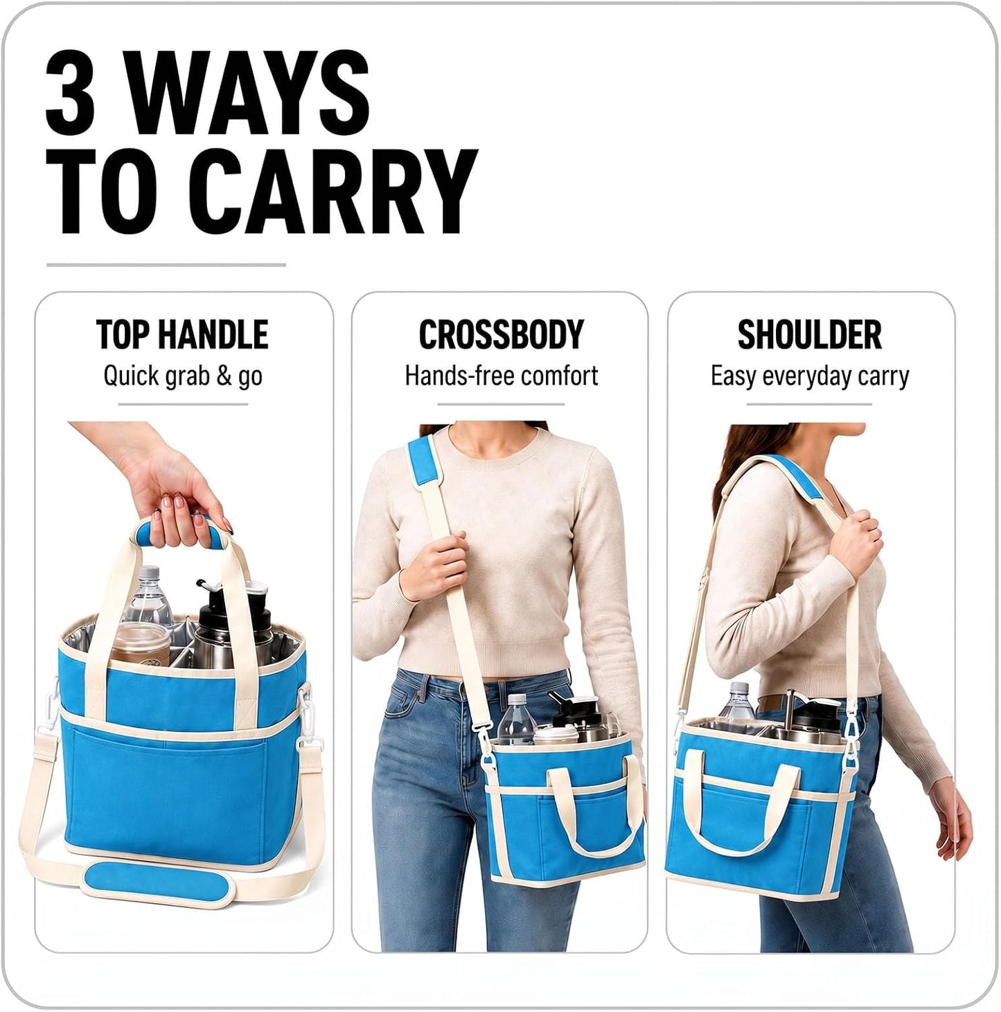 Drink Carrier Tote Bag, Family Size 4 Compartment Drink Bag | Insulated 4 Water Bottle Holder, Adjustable Strap,Multiple Tumbler Carrier Caddy for Car,Delivery,Family Outings Fits Any Cup