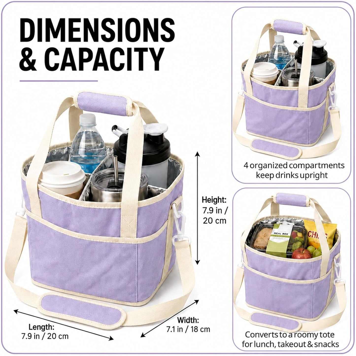 Drink Carrier Tote Bag, Family Size 4 Compartment Drink Bag | Insulated 4 Water Bottle Holder, Adjustable Strap,Multiple Tumbler Carrier Caddy for Car,Delivery,Family Outings Fits Any Cup