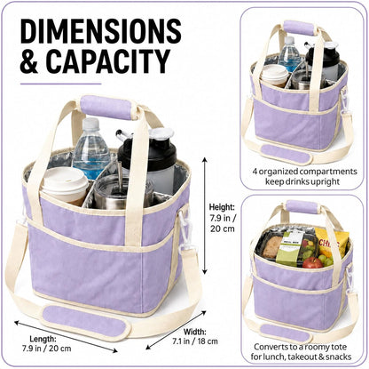 Drink Carrier Tote Bag, Family Size 4 Compartment Drink Bag | Insulated 4 Water Bottle Holder, Adjustable Strap,Multiple Tumbler Carrier Caddy for Car,Delivery,Family Outings Fits Any Cup