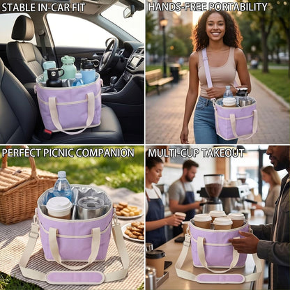 Drink Carrier Tote Bag, Family Size 4 Compartment Drink Bag | Insulated 4 Water Bottle Holder, Adjustable Strap,Multiple Tumbler Carrier Caddy for Car,Delivery,Family Outings Fits Any Cup
