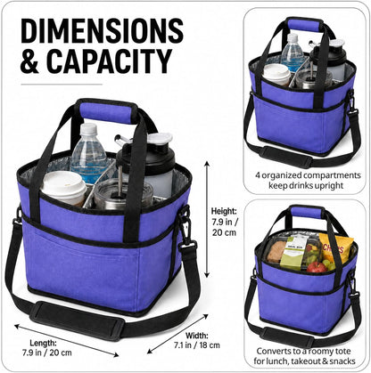 Drink Carrier Tote Bag, Family Size 4 Compartment Drink Bag | Insulated 4 Water Bottle Holder, Adjustable Strap,Multiple Tumbler Carrier Caddy for Car,Delivery,Family Outings Fits Any Cup