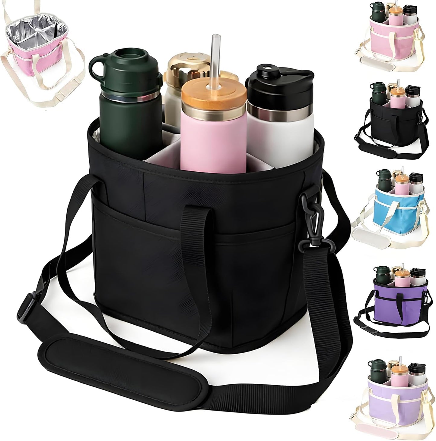 Drink Carrier Bag for 4 Cups, Insulated Drink Carrier with 4 Compartments, Portable Tumbler Holder with Adjustable Strap, Drink Caddy Tote for Coffee, Travel, Takeout & Outings (Black)