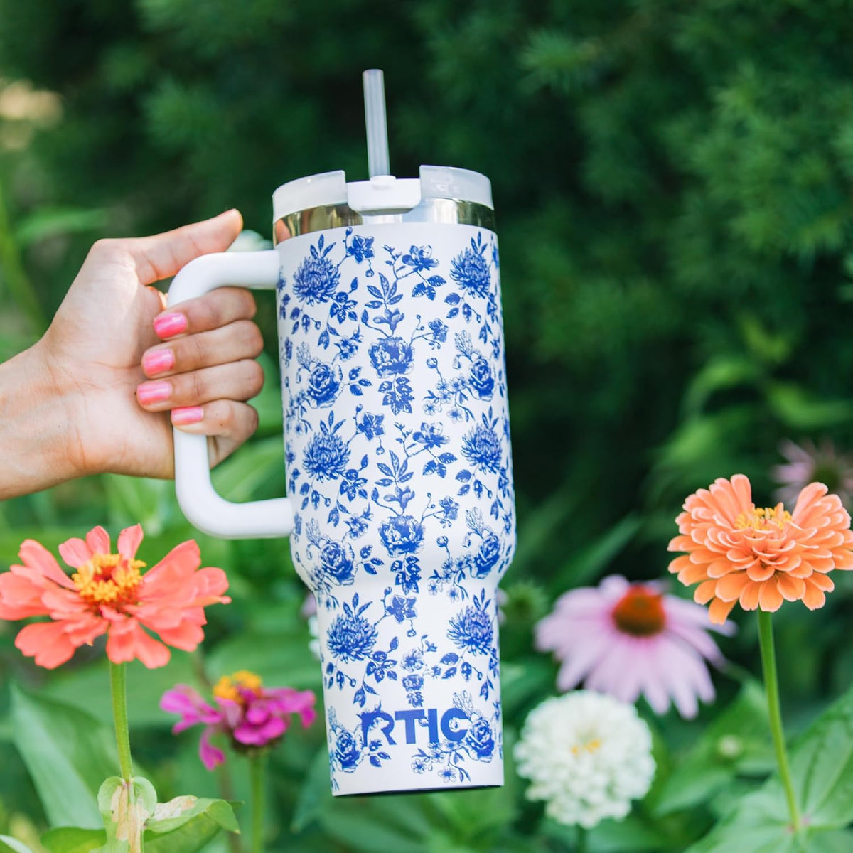 40oz Road Trip Tumbler, Insulated, Ceramic Lined, Periwinkle Bouquet