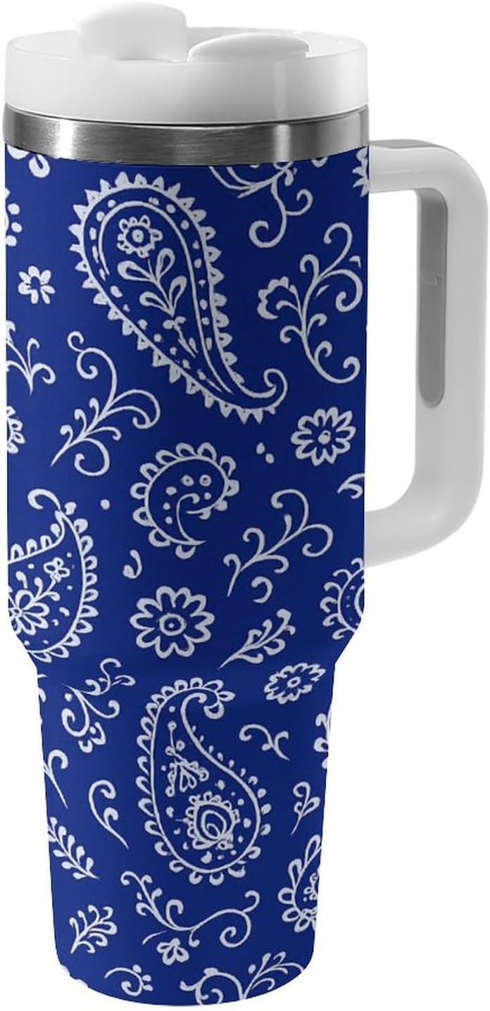 Blue Paisley Pattern Tumbler Insulated Travel Coffee Mug Car Cup Stainless Steel with Lid Handle Straw 40OZ
