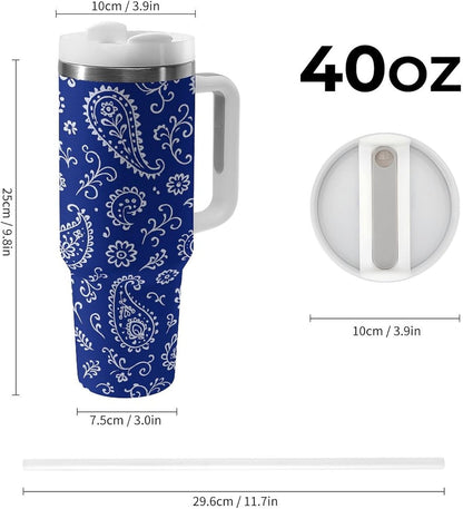 Blue Paisley Pattern Tumbler Insulated Travel Coffee Mug Car Cup Stainless Steel with Lid Handle Straw 40OZ