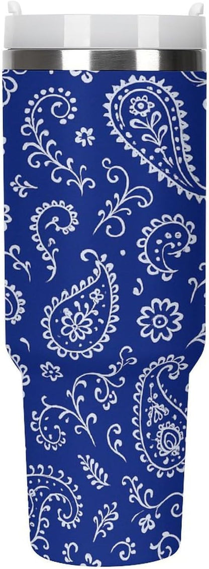 Blue Paisley Pattern Tumbler Insulated Travel Coffee Mug Car Cup Stainless Steel with Lid Handle Straw 40OZ
