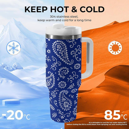 Blue Paisley Pattern Tumbler Insulated Travel Coffee Mug Car Cup Stainless Steel with Lid Handle Straw 40OZ