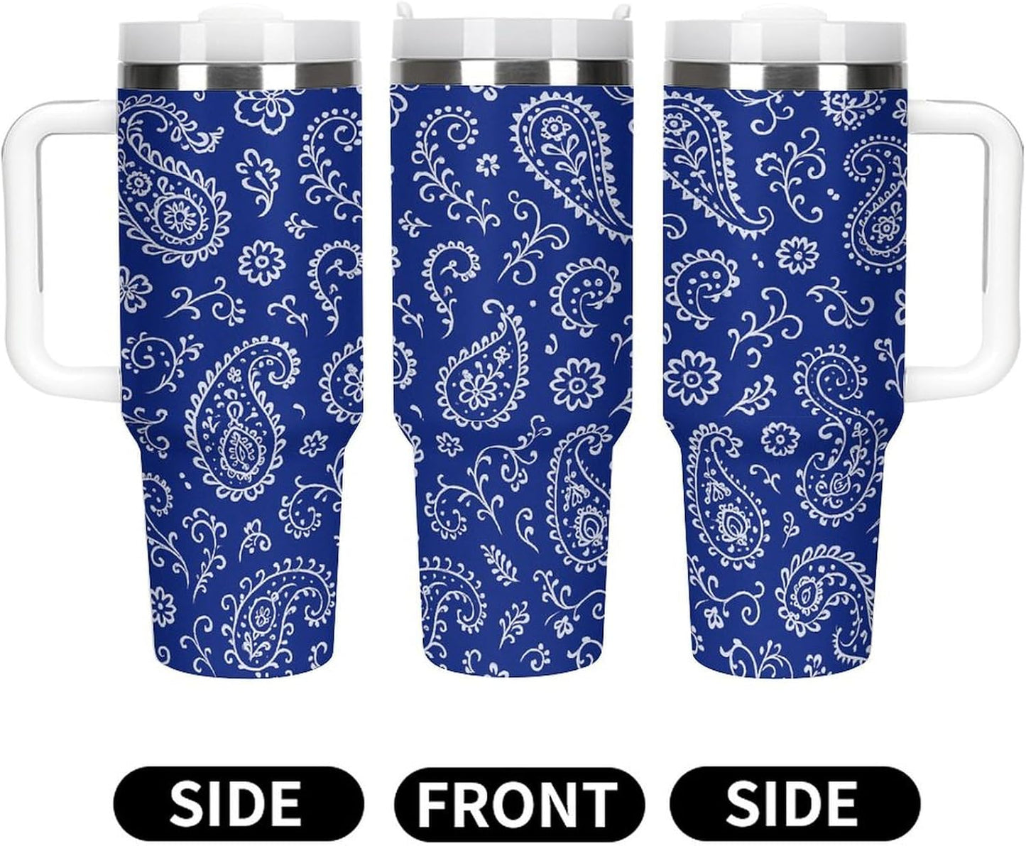 Blue Paisley Pattern Tumbler Insulated Travel Coffee Mug Car Cup Stainless Steel with Lid Handle Straw 40OZ