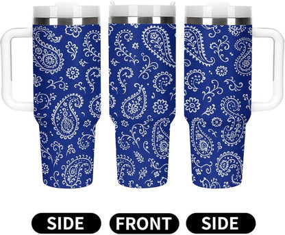 Blue Paisley Pattern Tumbler Insulated Travel Coffee Mug Car Cup Stainless Steel with Lid Handle Straw 40OZ