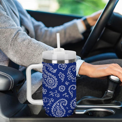 Blue Paisley Pattern Tumbler Insulated Travel Coffee Mug Car Cup Stainless Steel with Lid Handle Straw 40OZ