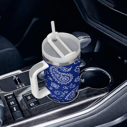 Blue Paisley Pattern Tumbler Insulated Travel Coffee Mug Car Cup Stainless Steel with Lid Handle Straw 40OZ