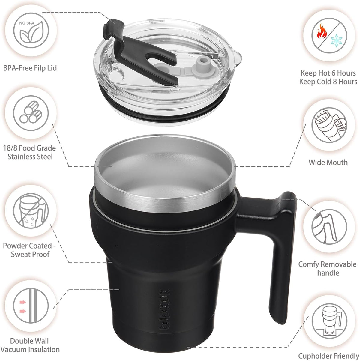 20 oz Tumbler with Handle & Straw, Insulated Stainless Steel Mug | Double Wall Vacuum, Keeps Hot/Cold, Thermal Cup, BPA Free, Dishwasher Safe, Cupholder Fit, Coffee & Travel, Black