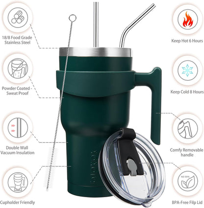 20 oz Tumbler with Handle & Straw, Insulated Stainless Steel Mug | Double Wall Vacuum, Keeps Hot/Cold, Thermal Cup, BPA Free, Dishwasher Safe, Cupholder Fit, Coffee & Travel, Black