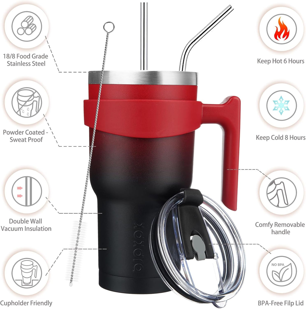 20 oz Tumbler with Handle & Straw, Insulated Stainless Steel Mug | Double Wall Vacuum, Keeps Hot/Cold, Thermal Cup, BPA Free, Dishwasher Safe, Cupholder Fit, Coffee & Travel, Black