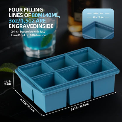 Large Ice Cube Trays for Whiskey (2 Pack) - Silicone Ice Cube Molds with Steel Frame Reinforcement & Lid, 2-Inch Square Ice Cubes for Whisky, Cocktails, Coffee, Tea - Easy Release