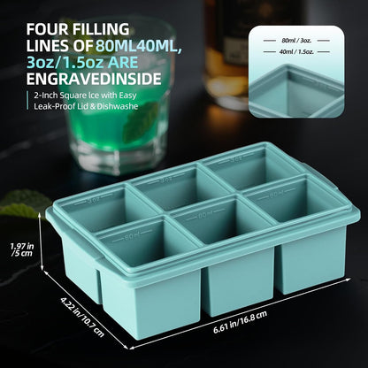 Large Ice Cube Trays for Whiskey (2 Pack) - Silicone Ice Cube Molds with Steel Frame Reinforcement & Lid, 2-Inch Square Ice Cubes for Whisky, Cocktails, Coffee, Tea - Easy Release