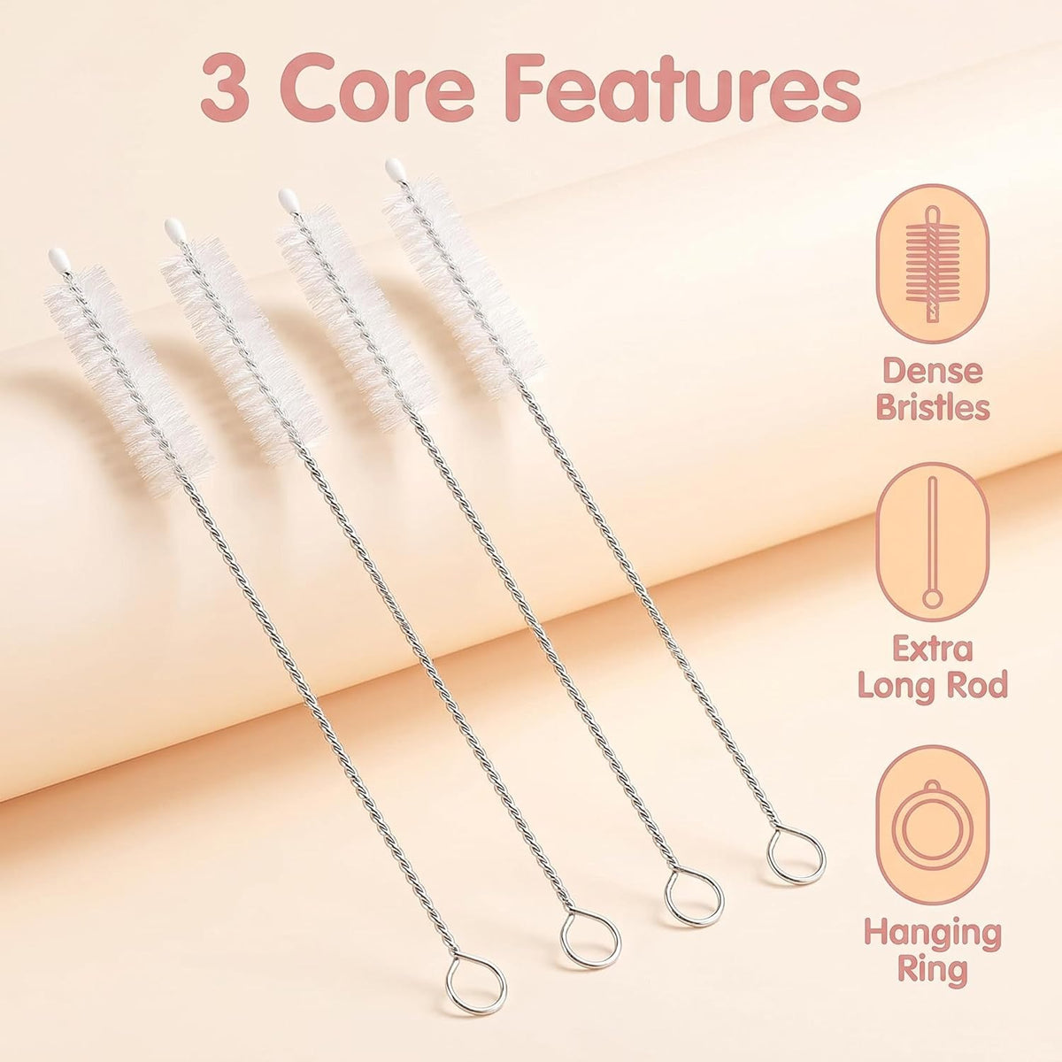 2 Pack Straw Cleaner Brush, Reusable Metal Handles Straw Cleaner Brush Extra Long for Stanley Mug 40, 30, 20 oz, 10mm Wide for Sippy Cup, Water Bottle and Tubes (Clear+Clear)