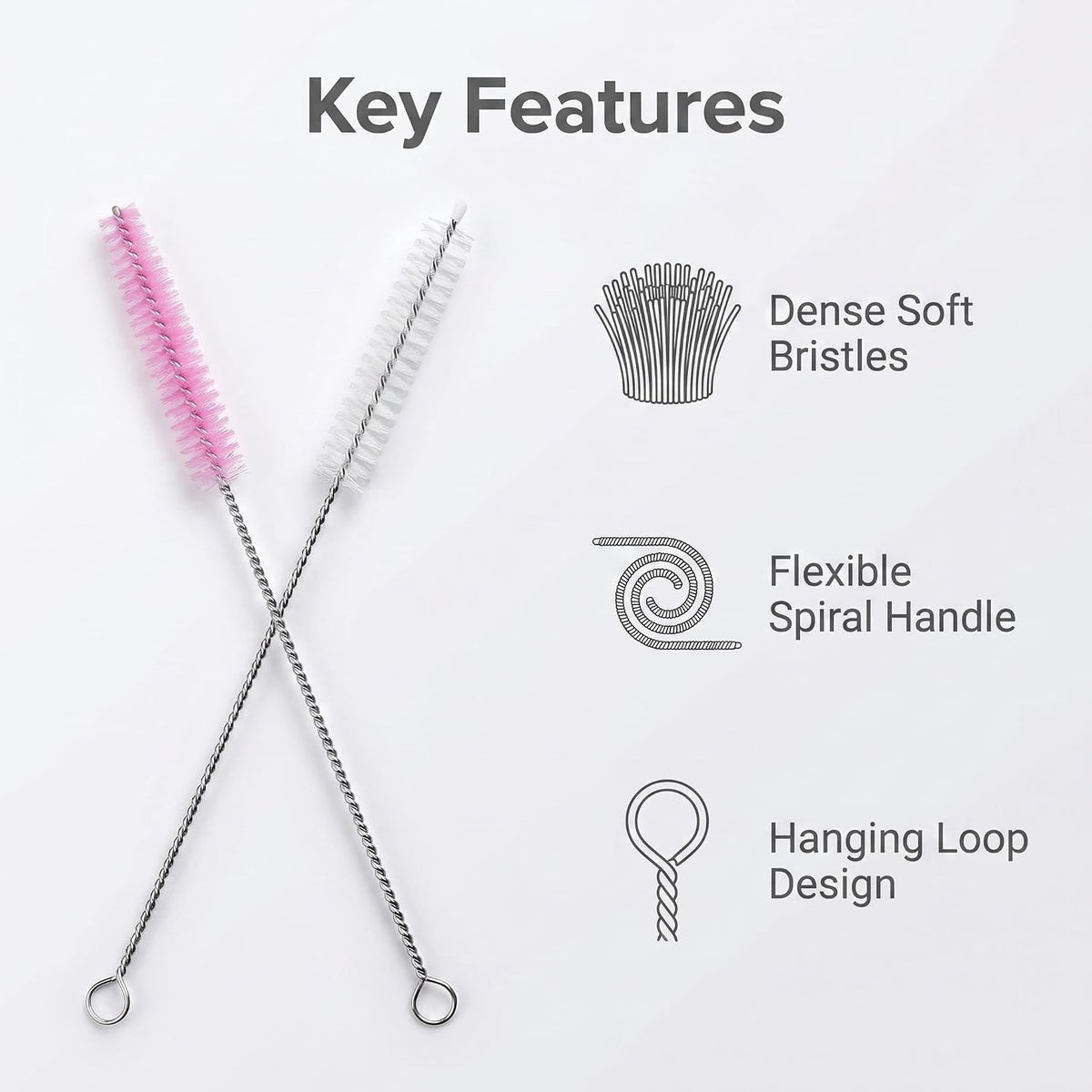2 Pack Straw Cleaner Brush, Reusable Metal Handles Straw Cleaner Brush Extra Long for Stanley Mug 40, 30, 20 oz, 10mm Wide for Sippy Cup, Water Bottle and Tubes (Clear+Clear)