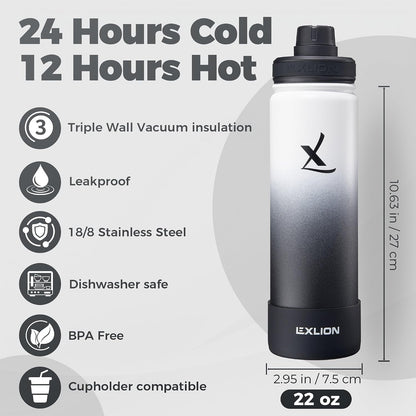 Lexlion Tea Infuser Water Bottle 22 Oz – Triple Wall Insulated Stainless Steel, Loose Leaf & Fruit Strainer, 3 Leakproof Lids, BPA-Free Silicone Sleeve, Reusable Thermal Mug