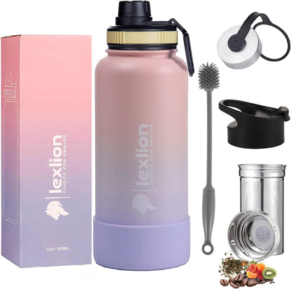 Lexlion Tea Infuser Water Bottle 22 Oz – Triple Wall Insulated Stainless Steel, Loose Leaf & Fruit Strainer, 3 Leakproof Lids, BPA-Free Silicone Sleeve, Reusable Thermal Mug